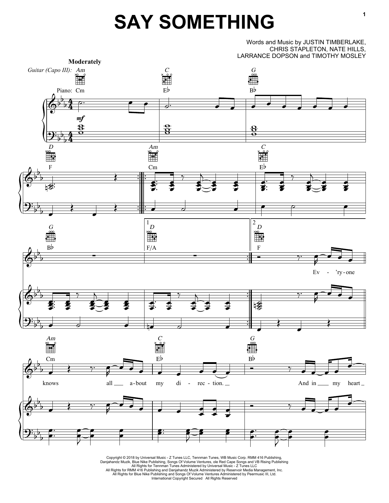 Justin Timberlake Say Something (feat. Chris Stapleton) Sheet Music Notes & Chords for Piano, Vocal & Guitar (Right-Hand Melody) - Download or Print PDF