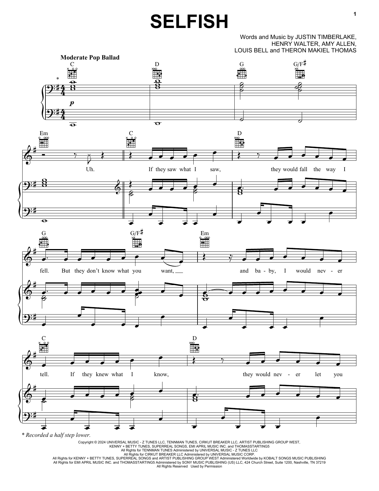 Justin Timberlake Selfish Sheet Music Notes & Chords for Piano, Vocal & Guitar Chords (Right-Hand Melody) - Download or Print PDF