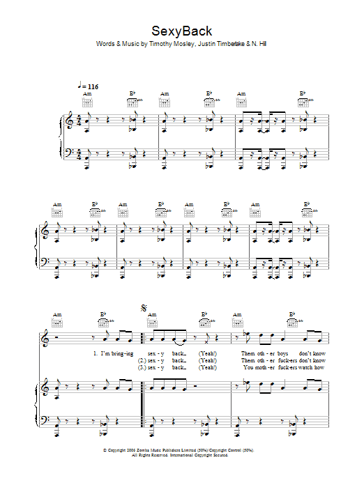 Justin Timberlake SexyBack Sheet Music Notes & Chords for Piano, Vocal & Guitar (Right-Hand Melody) - Download or Print PDF