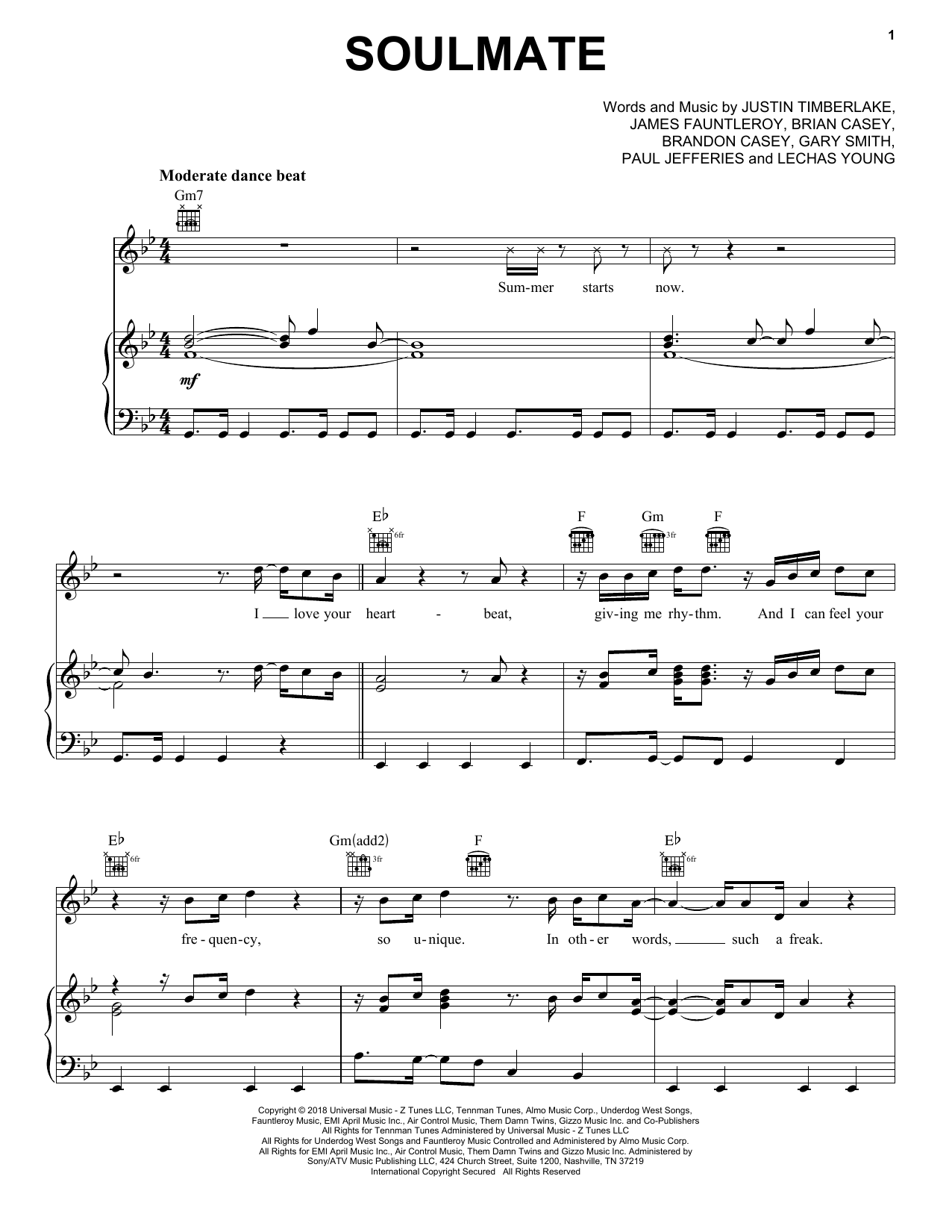 Justin Timberlake SoulMate Sheet Music Notes & Chords for Piano, Vocal & Guitar (Right-Hand Melody) - Download or Print PDF