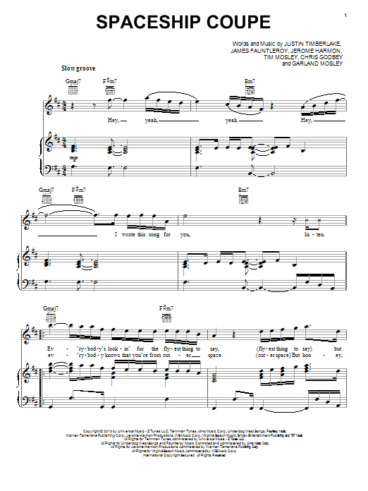 Justin Timberlake Spaceship Coupe Sheet Music Notes & Chords for Piano, Vocal & Guitar (Right-Hand Melody) - Download or Print PDF