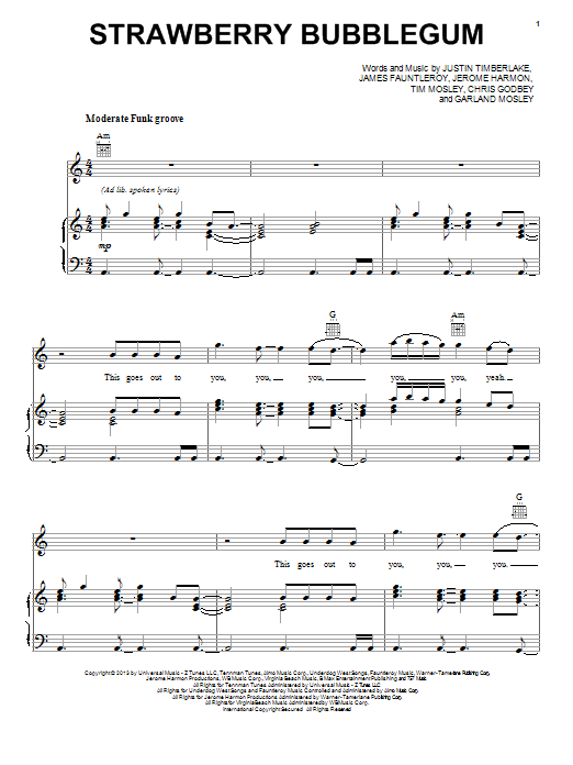 Justin Timberlake Strawberry Bubblegum Sheet Music Notes & Chords for Piano, Vocal & Guitar (Right-Hand Melody) - Download or Print PDF