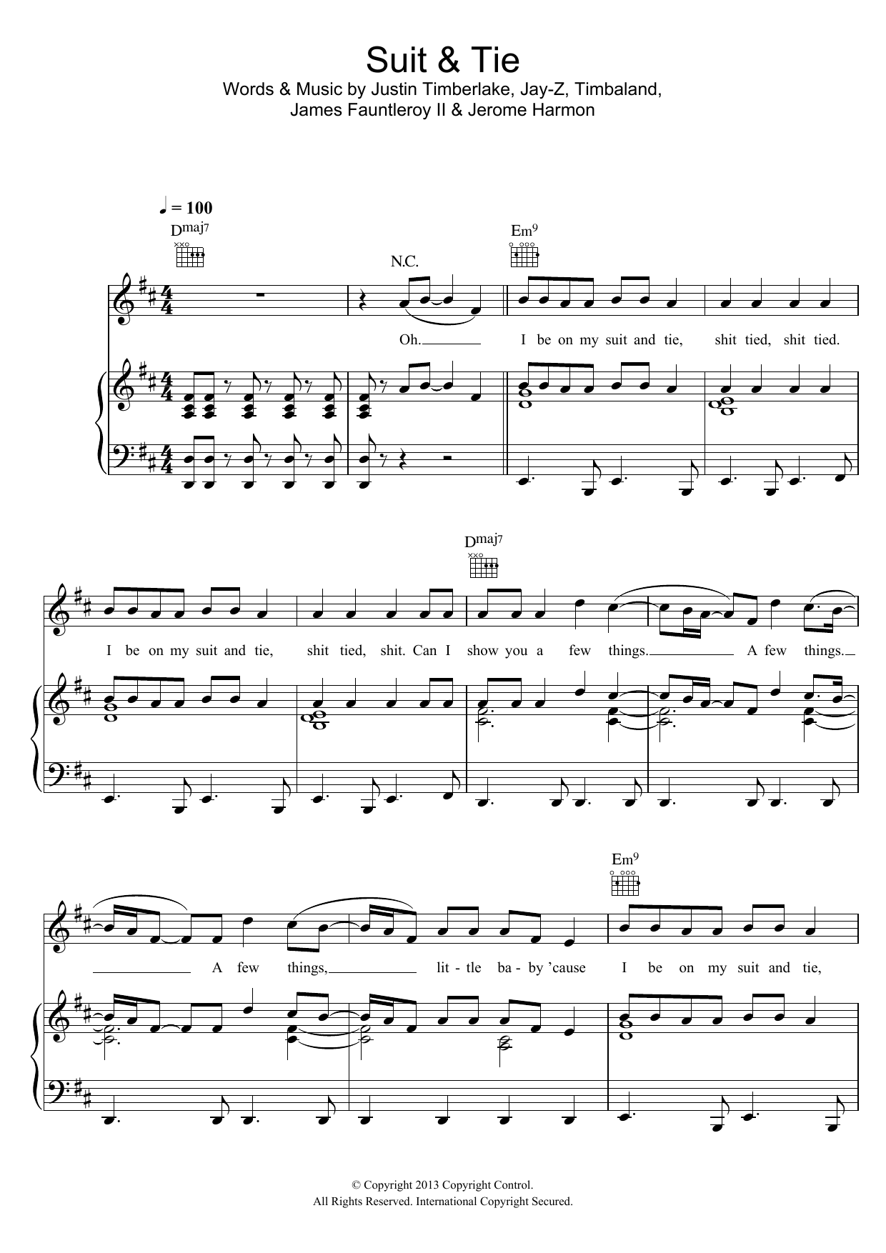 Justin Timberlake Suit and Tie (featuring Jay-Z) Sheet Music Notes & Chords for Piano, Vocal & Guitar (Right-Hand Melody) - Download or Print PDF
