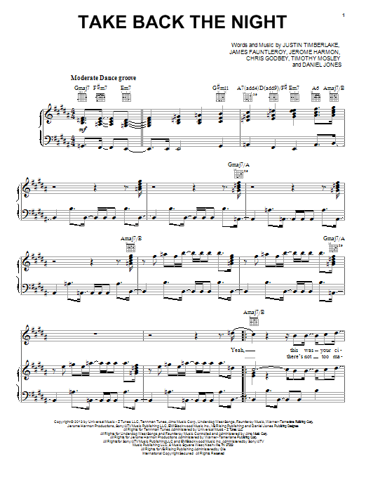 Justin Timberlake Take Back The Night Sheet Music Notes & Chords for Piano, Vocal & Guitar (Right-Hand Melody) - Download or Print PDF