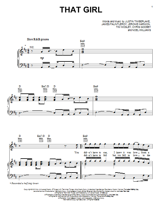 Justin Timberlake That Girl Sheet Music Notes & Chords for Piano, Vocal & Guitar (Right-Hand Melody) - Download or Print PDF