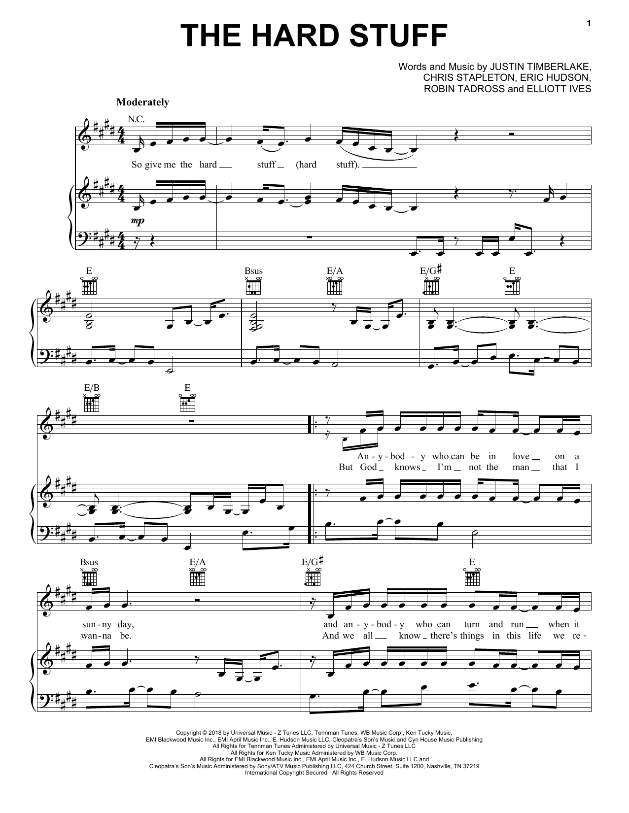 Justin Timberlake The Hard Stuff Sheet Music Notes & Chords for Piano, Vocal & Guitar (Right-Hand Melody) - Download or Print PDF