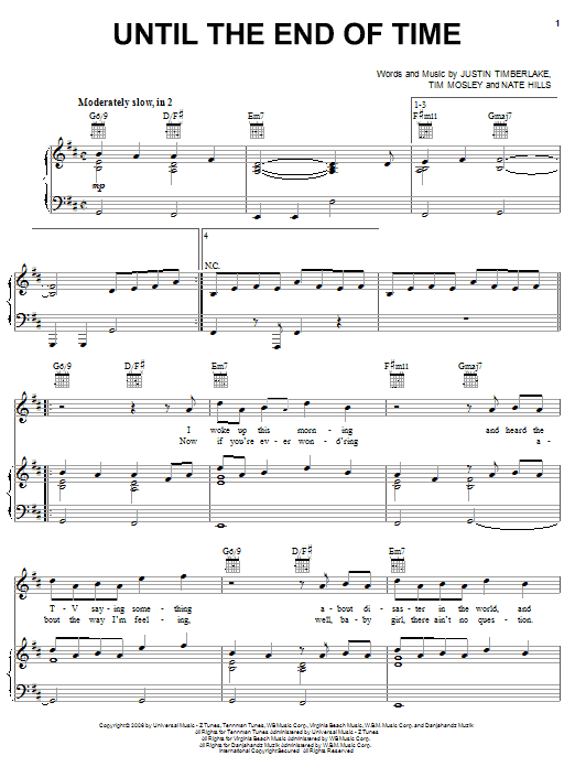 Justin Timberlake Until The End Of Time Sheet Music Notes & Chords for Piano, Vocal & Guitar (Right-Hand Melody) - Download or Print PDF