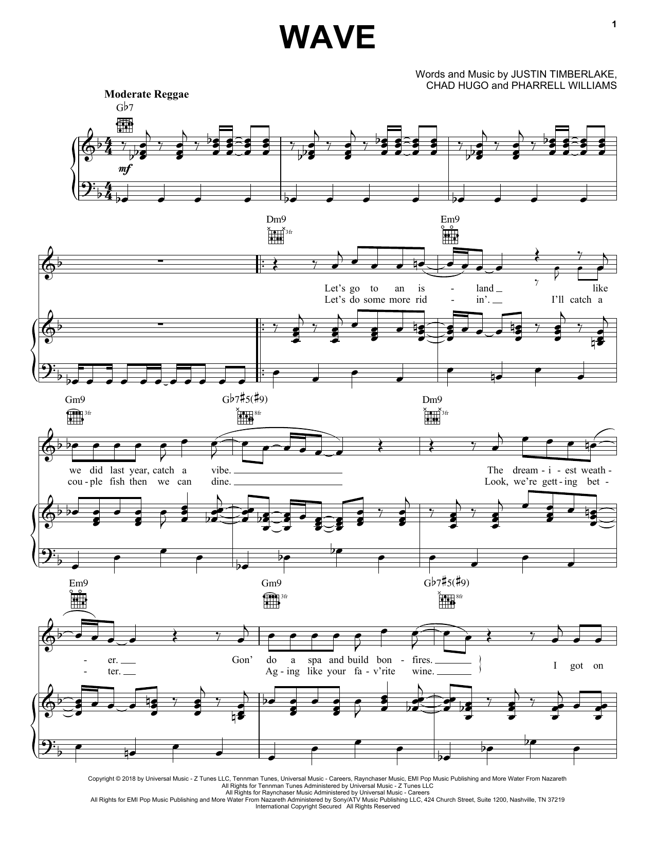 Justin Timberlake Wave Sheet Music Notes & Chords for Piano, Vocal & Guitar (Right-Hand Melody) - Download or Print PDF