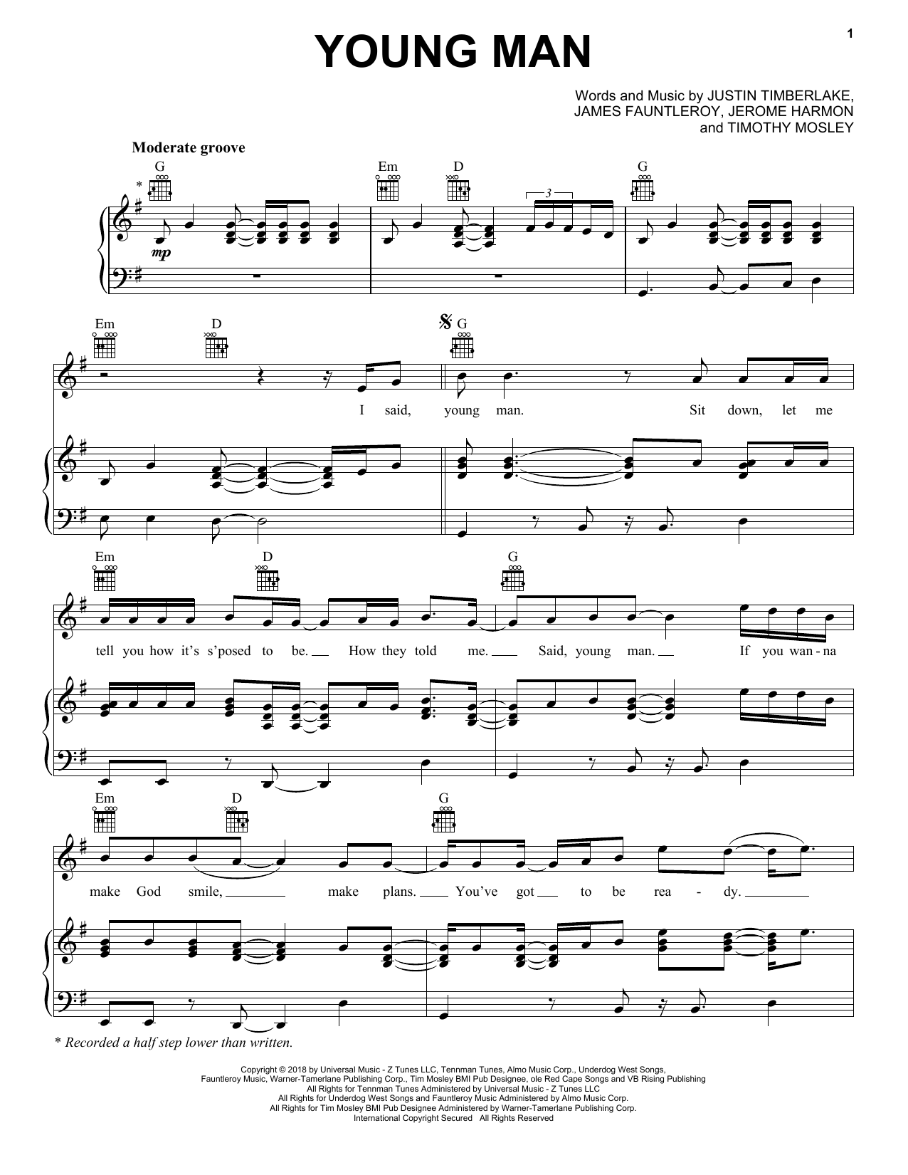 Justin Timberlake Young Man Sheet Music Notes & Chords for Piano, Vocal & Guitar (Right-Hand Melody) - Download or Print PDF