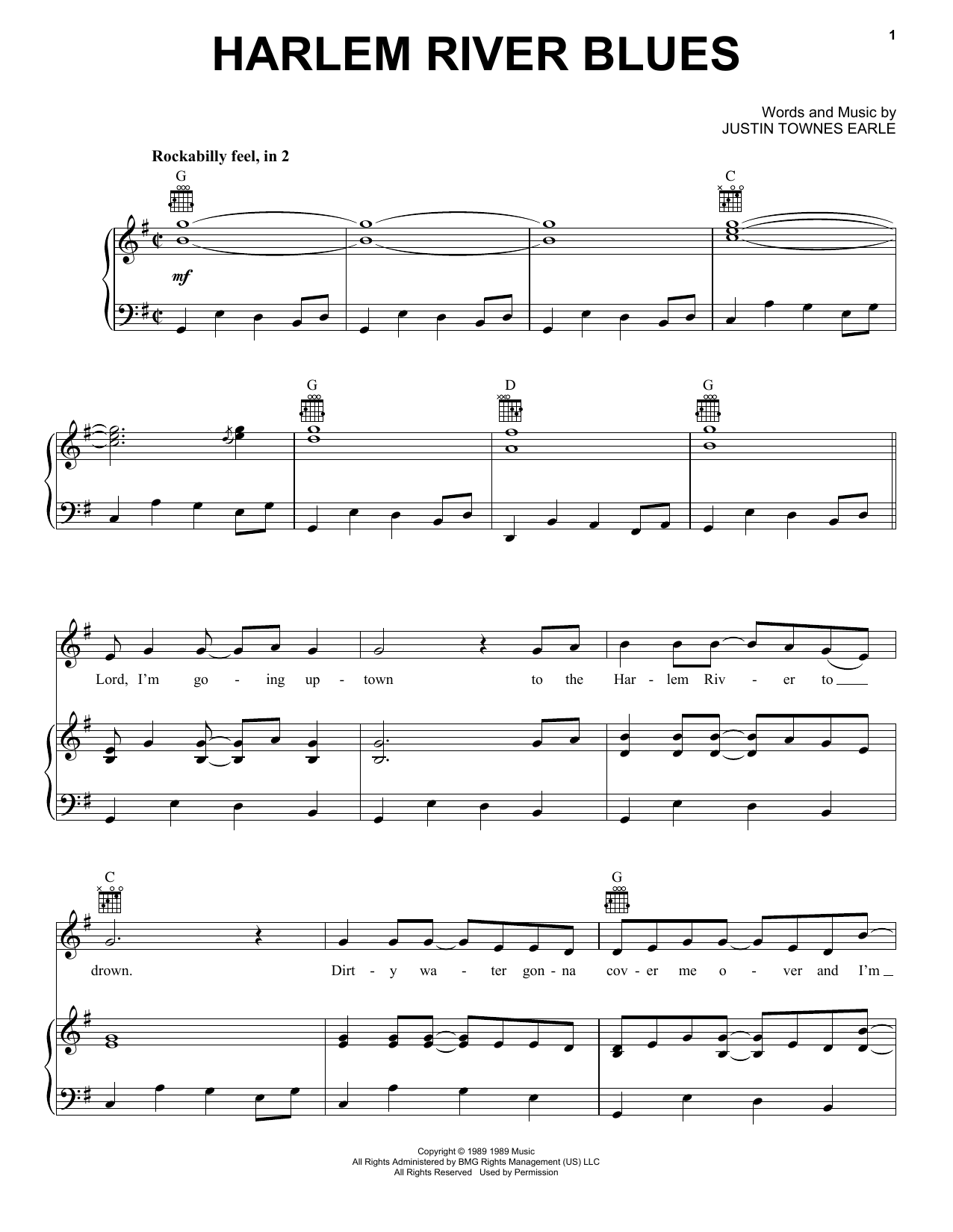 Justin Townes Earle Harlem River Blues Sheet Music Notes & Chords for Piano, Vocal & Guitar (Right-Hand Melody) - Download or Print PDF