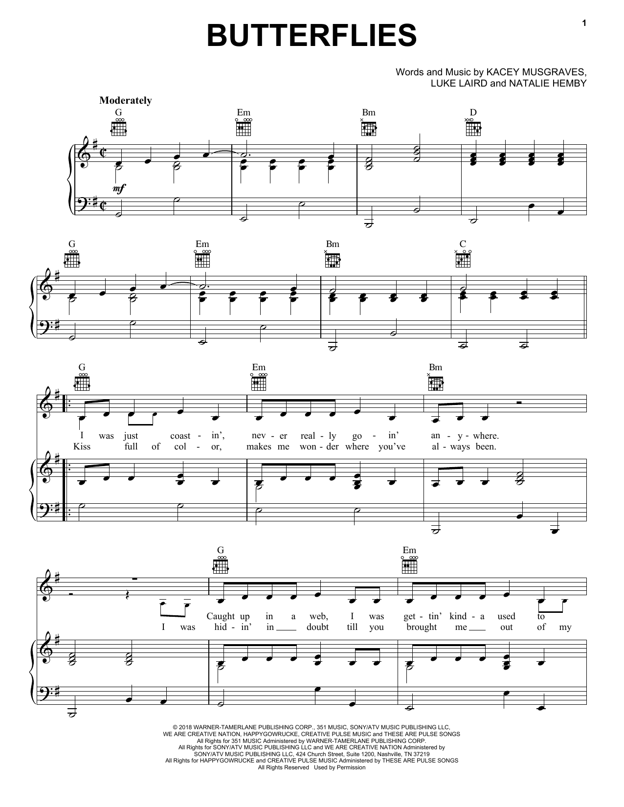 Kacey Musgraves Butterflies Sheet Music Notes & Chords for Piano, Vocal & Guitar (Right-Hand Melody) - Download or Print PDF