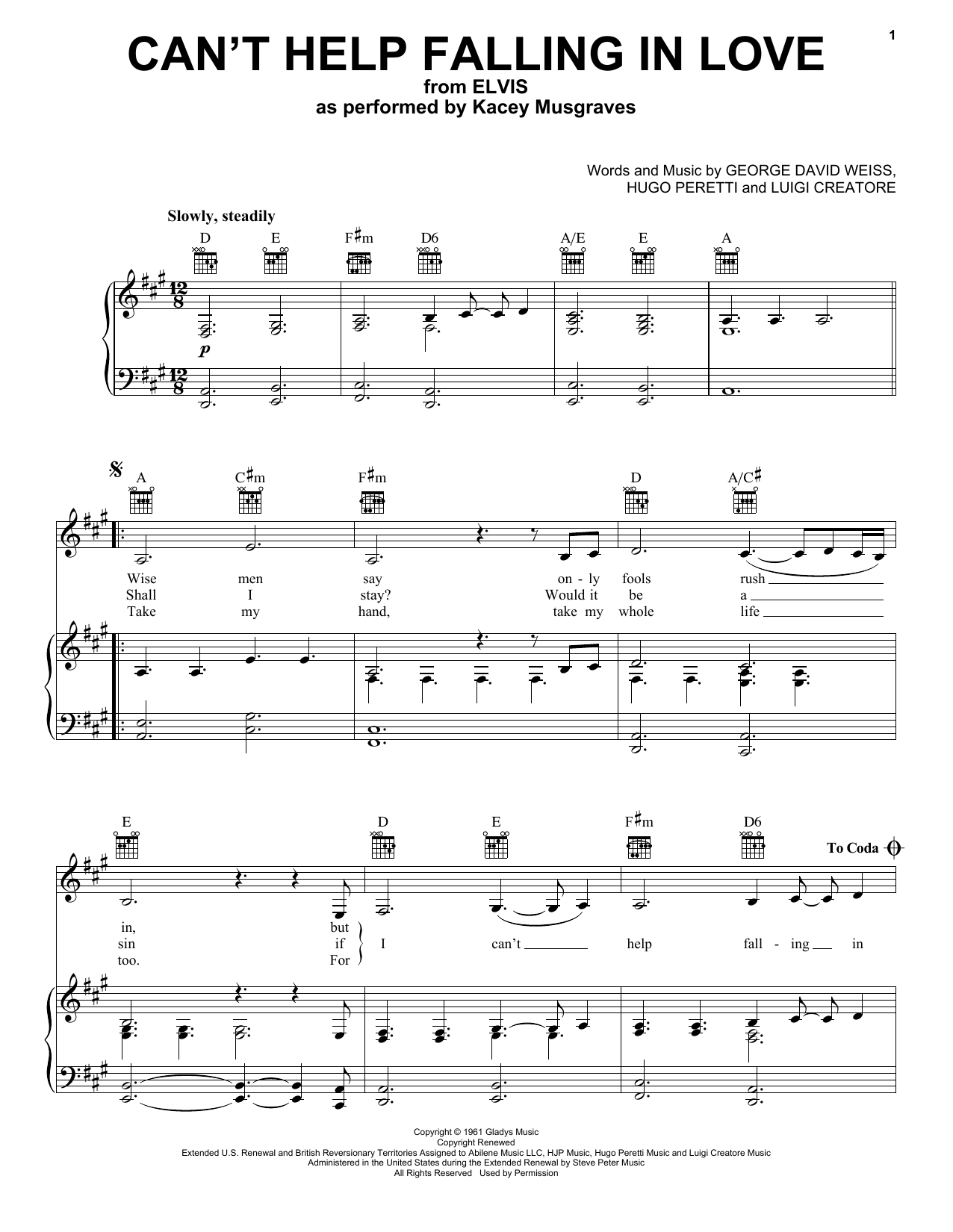 Kacey Musgraves / from ELVIS Can't Help Falling In Love Sheet Music Notes & Chords for Piano, Vocal & Guitar Chords (Right-Hand Melody) - Download or Print PDF