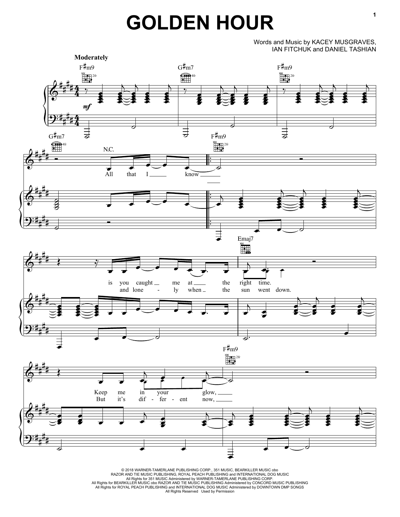 Kacey Musgraves Golden Hour Sheet Music Notes & Chords for Piano, Vocal & Guitar (Right-Hand Melody) - Download or Print PDF