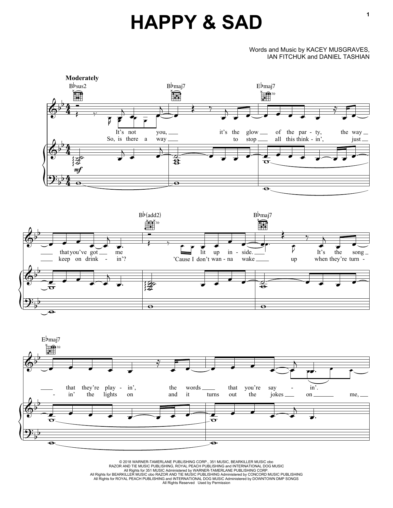 Kacey Musgraves Happy & Sad Sheet Music Notes & Chords for Piano, Vocal & Guitar (Right-Hand Melody) - Download or Print PDF