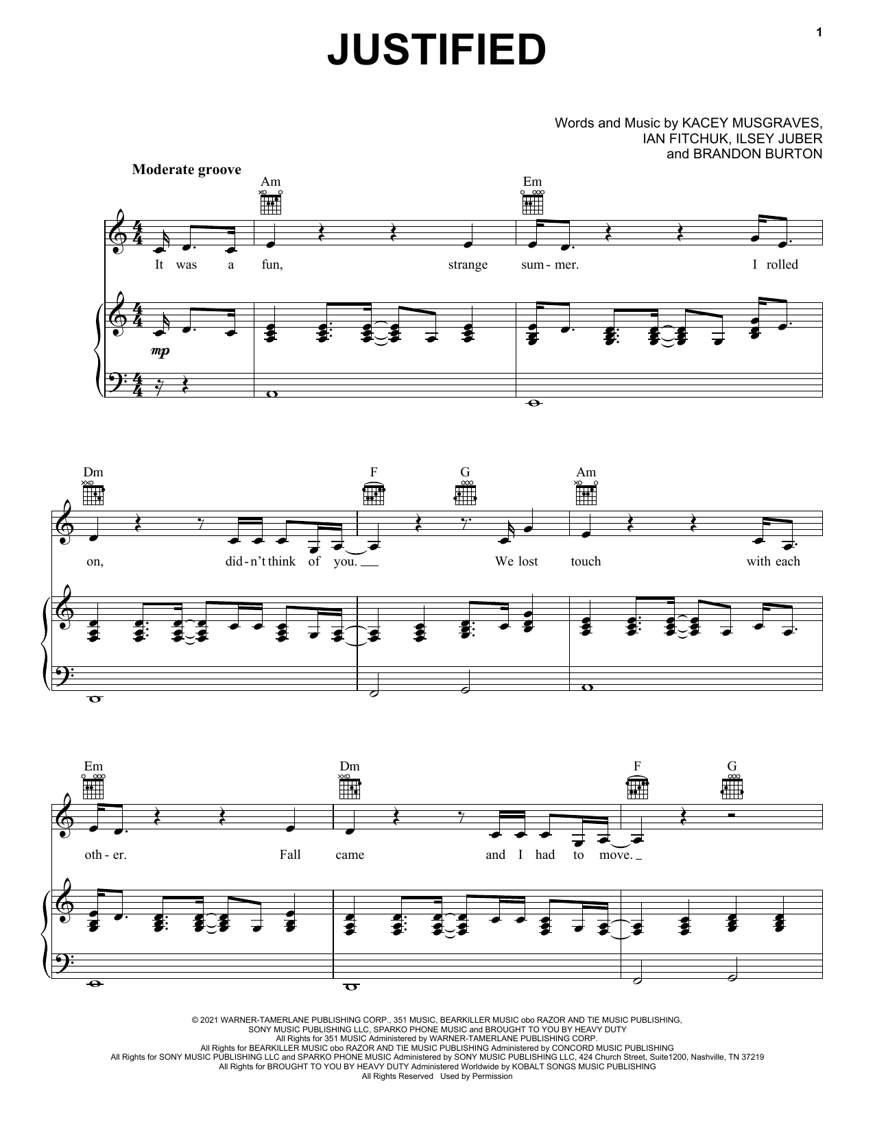 Kacey Musgraves Justified Sheet Music Notes & Chords for Piano, Vocal & Guitar (Right-Hand Melody) - Download or Print PDF