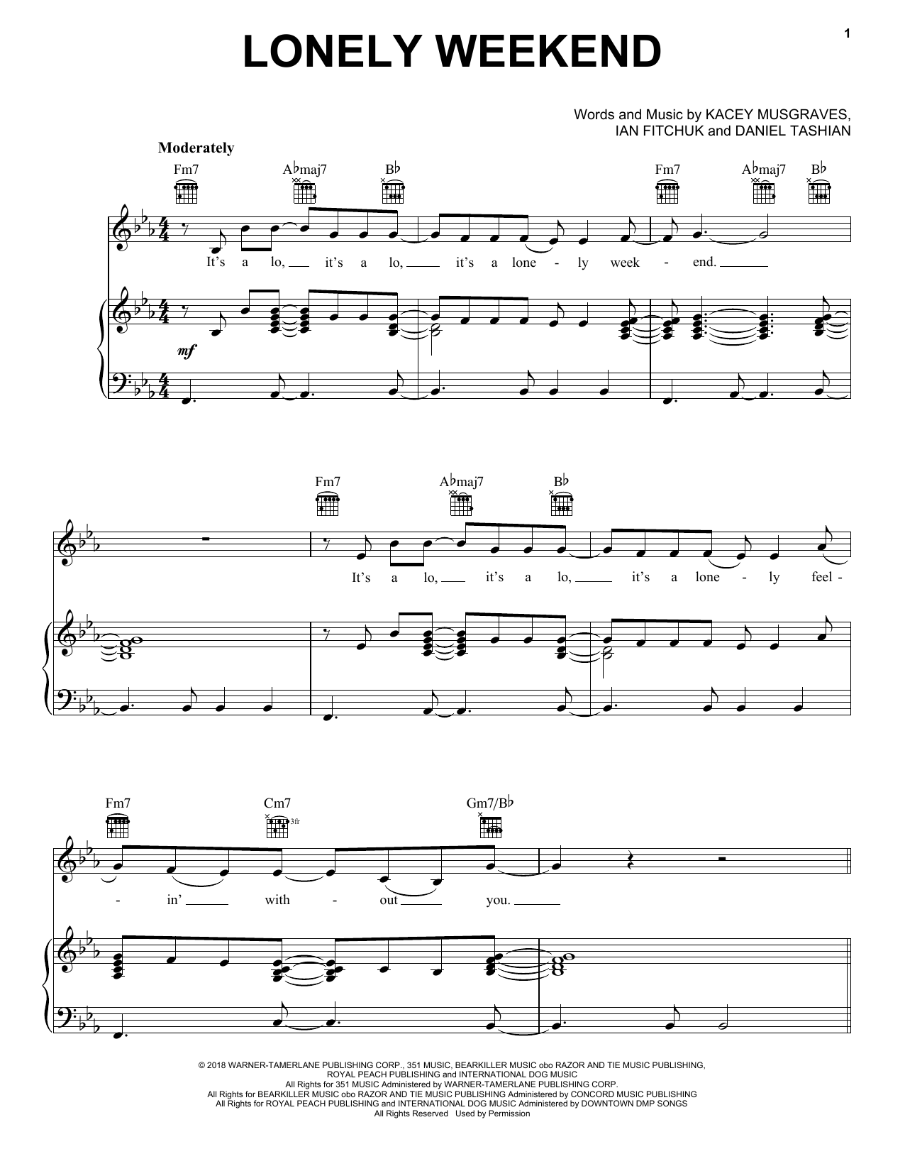 Kacey Musgraves Lonely Weekend Sheet Music Notes & Chords for Piano, Vocal & Guitar (Right-Hand Melody) - Download or Print PDF