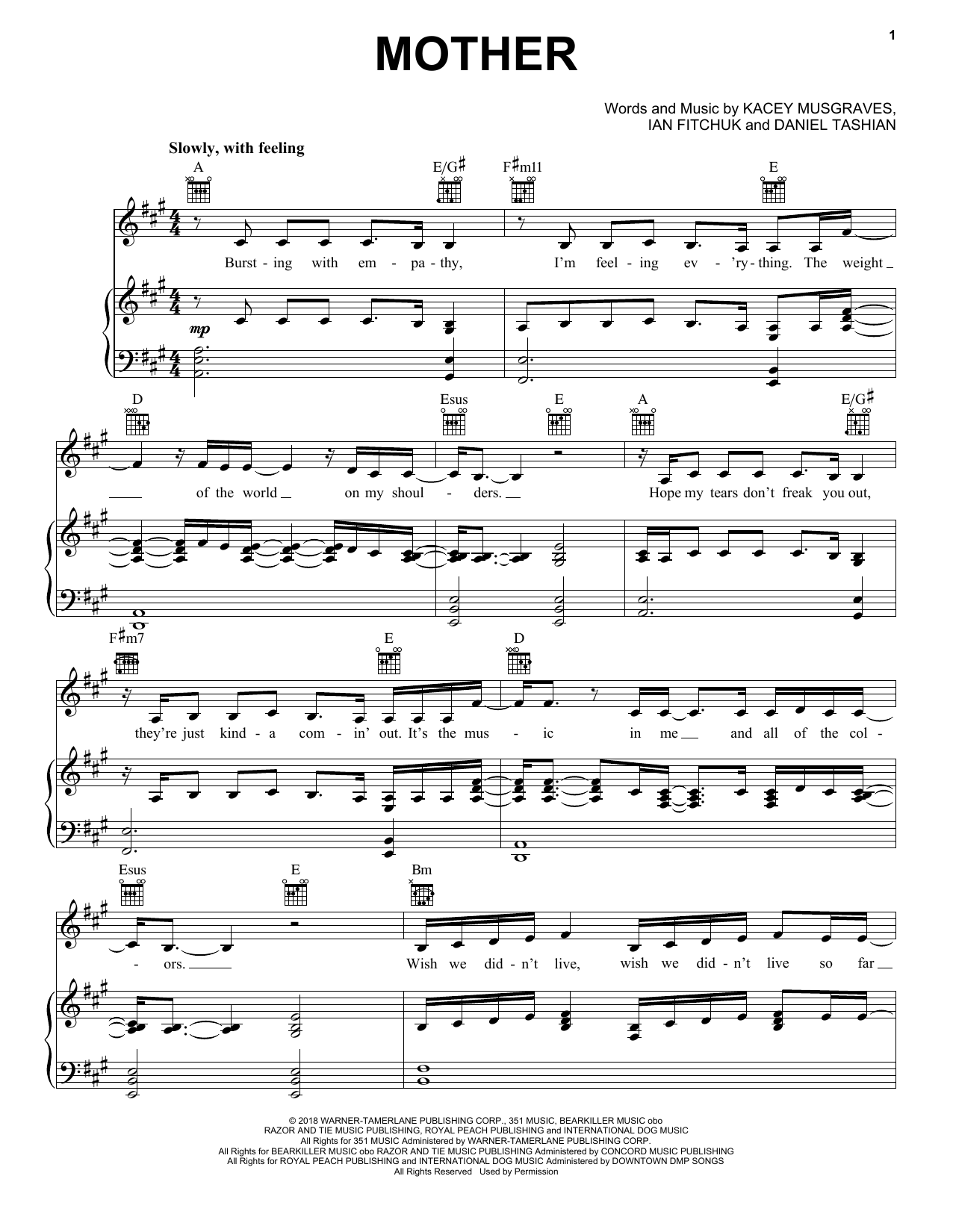 Kacey Musgraves Mother Sheet Music Notes & Chords for Piano, Vocal & Guitar (Right-Hand Melody) - Download or Print PDF