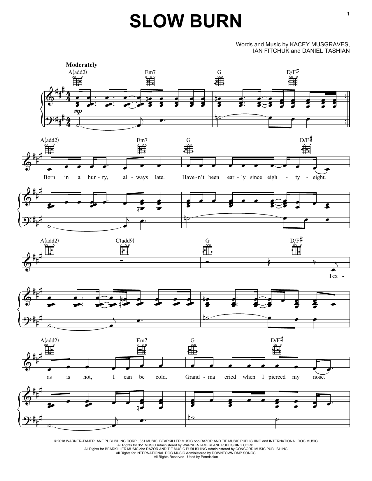 Kacey Musgraves Slow Burn Sheet Music Notes & Chords for Easy Piano - Download or Print PDF