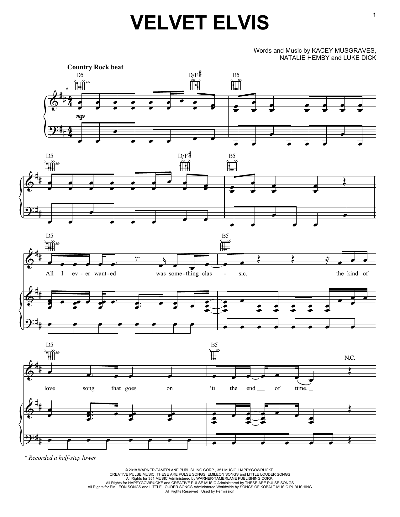 Kacey Musgraves Velvet Elvis Sheet Music Notes & Chords for Piano, Vocal & Guitar (Right-Hand Melody) - Download or Print PDF