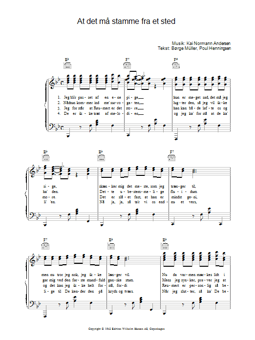 Kai Normann Andersen At Det Må Stamme Fra Et Sted Sheet Music Notes & Chords for Piano, Vocal & Guitar (Right-Hand Melody) - Download or Print PDF