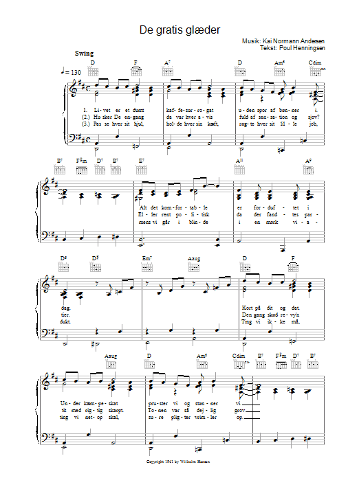 Kai Normann Andersen De Gratis Glaeder Sheet Music Notes & Chords for Melody Line, Lyrics & Chords - Download or Print PDF