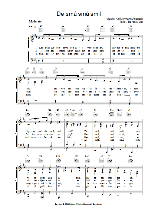 Kai Normann Andersen De Små Små Smil Sheet Music Notes & Chords for Piano, Vocal & Guitar (Right-Hand Melody) - Download or Print PDF