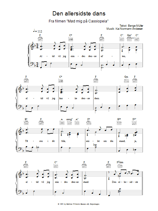 Kai Normann Andersen Den Allersidste Dans Sheet Music Notes & Chords for Melody Line, Lyrics & Chords - Download or Print PDF