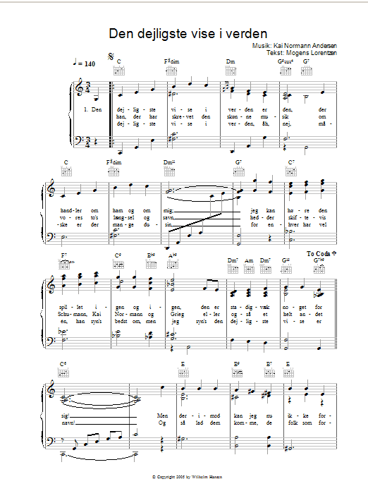 Kai Normann Andersen Den Dejligste Vise I Verden Sheet Music Notes & Chords for Piano, Vocal & Guitar (Right-Hand Melody) - Download or Print PDF