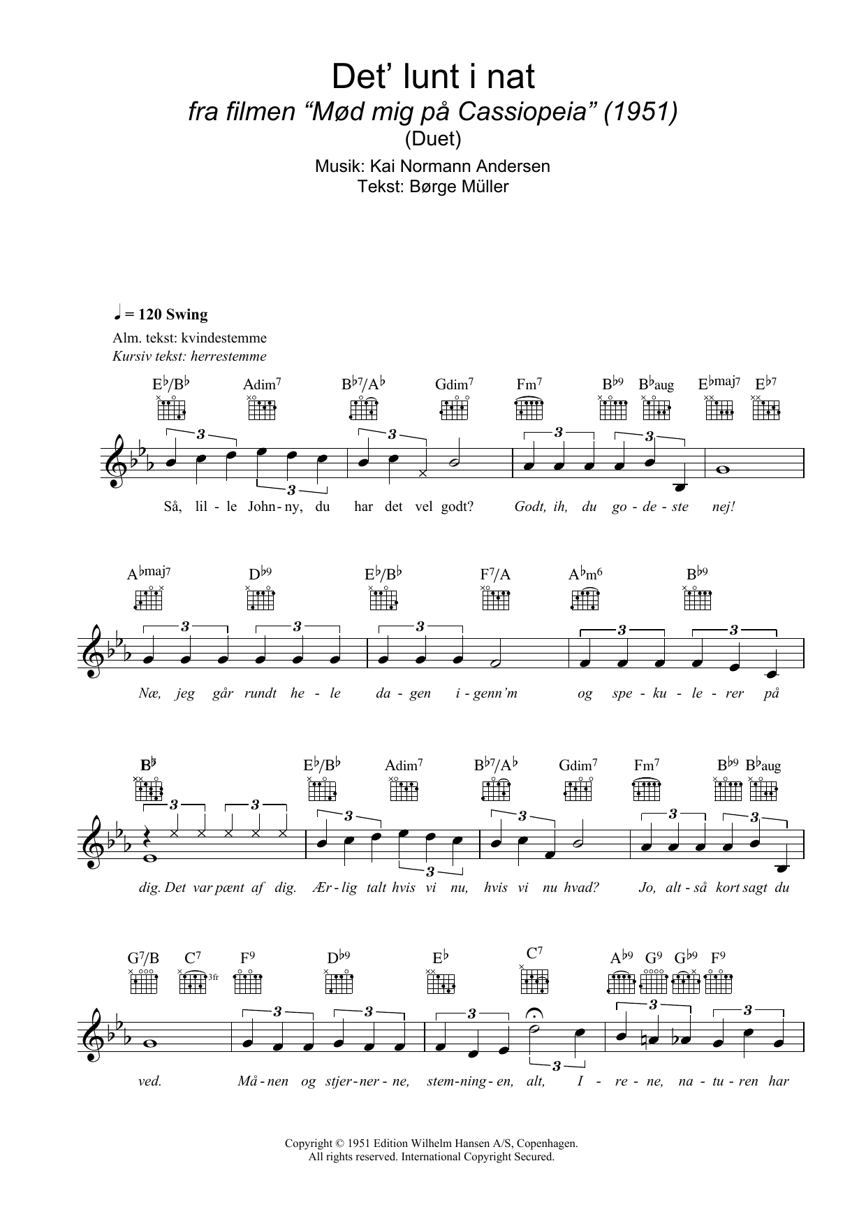 Kai Normann Andersen Det' Lunt I Nat Sheet Music Notes & Chords for Melody Line, Lyrics & Chords - Download or Print PDF