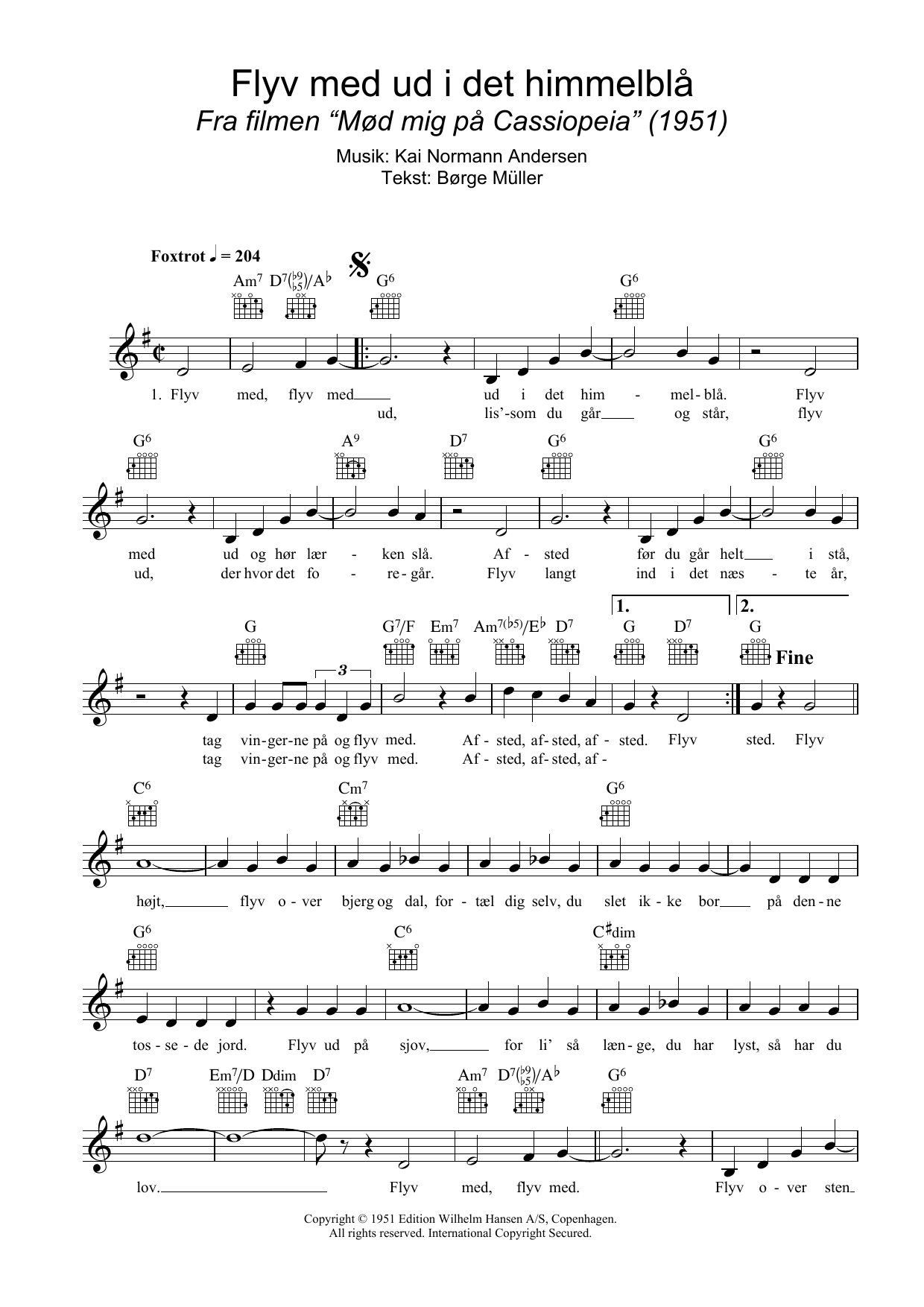 Kai Normann Andersen Flyv Med Ud I Det Himmelblå Sheet Music Notes & Chords for Melody Line, Lyrics & Chords - Download or Print PDF