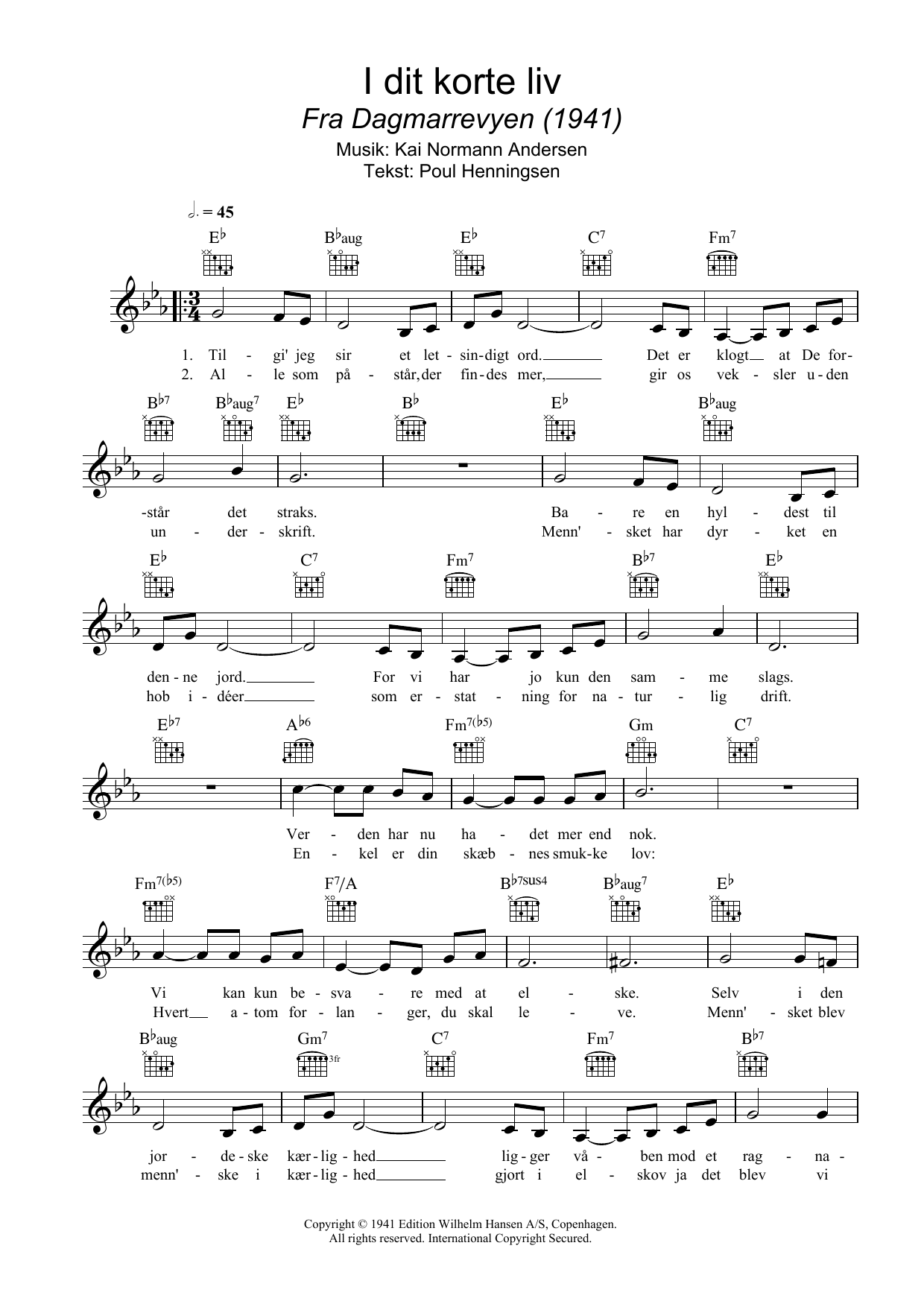 Kai Normann Andersen I Dit Korte Liv Sheet Music Notes & Chords for Melody Line, Lyrics & Chords - Download or Print PDF