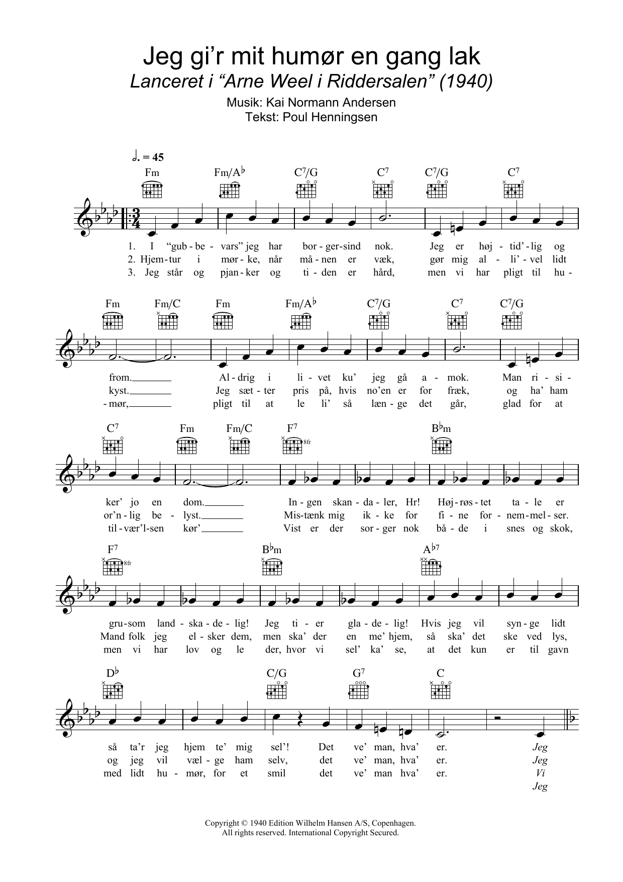 Kai Normann Andersen Jeg Gi'r Mit Humør En Gang Lak Sheet Music Notes & Chords for Melody Line, Lyrics & Chords - Download or Print PDF