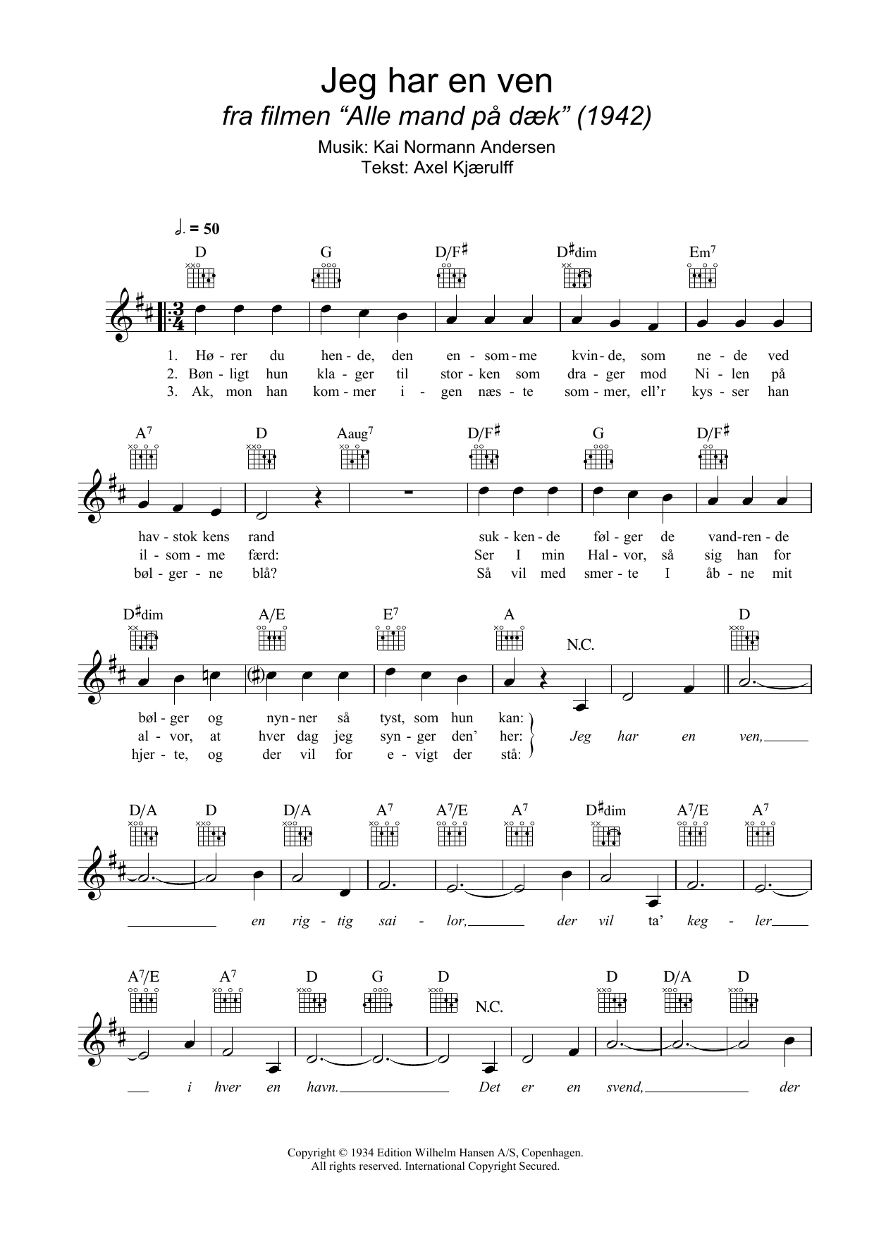 Kai Normann Andersen Jeg Har En Ven Sheet Music Notes & Chords for Melody Line, Lyrics & Chords - Download or Print PDF