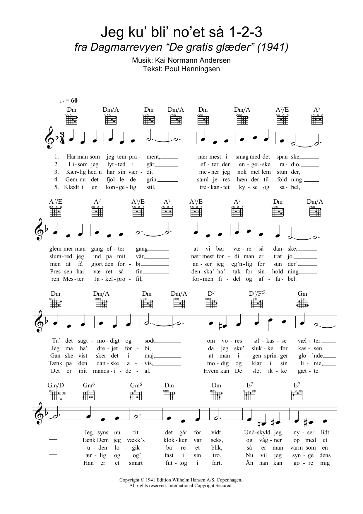 Kai Normann Andersen Jeg Ku' Bli' No'et Så 1-2-3 Sheet Music Notes & Chords for Melody Line, Lyrics & Chords - Download or Print PDF