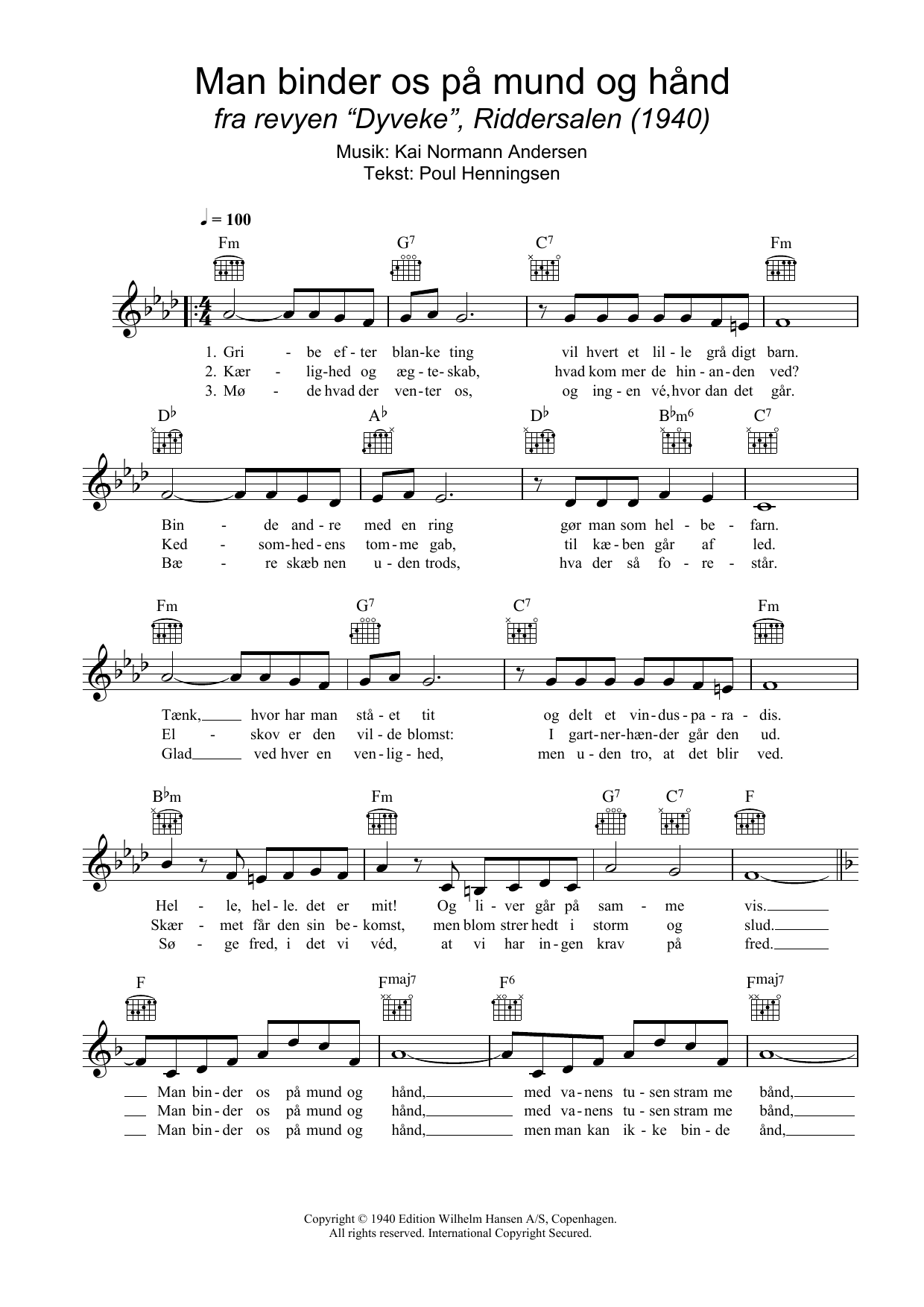 Kai Normann Andersen Man Binder Os På Mund Og Hånd Sheet Music Notes & Chords for Melody Line, Lyrics & Chords - Download or Print PDF