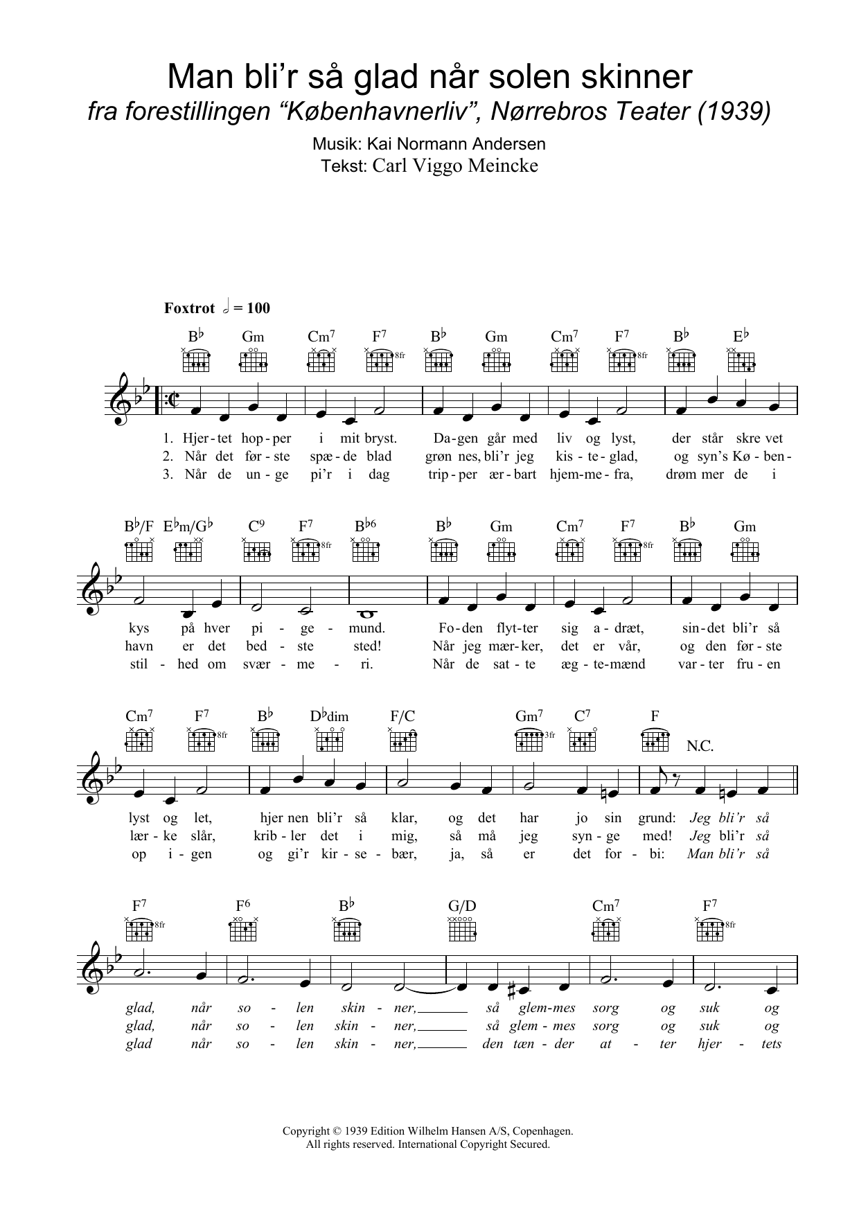 Kai Normann Andersen Man Bli'r Så Glad Når Solen Skinner Sheet Music Notes & Chords for Melody Line, Lyrics & Chords - Download or Print PDF