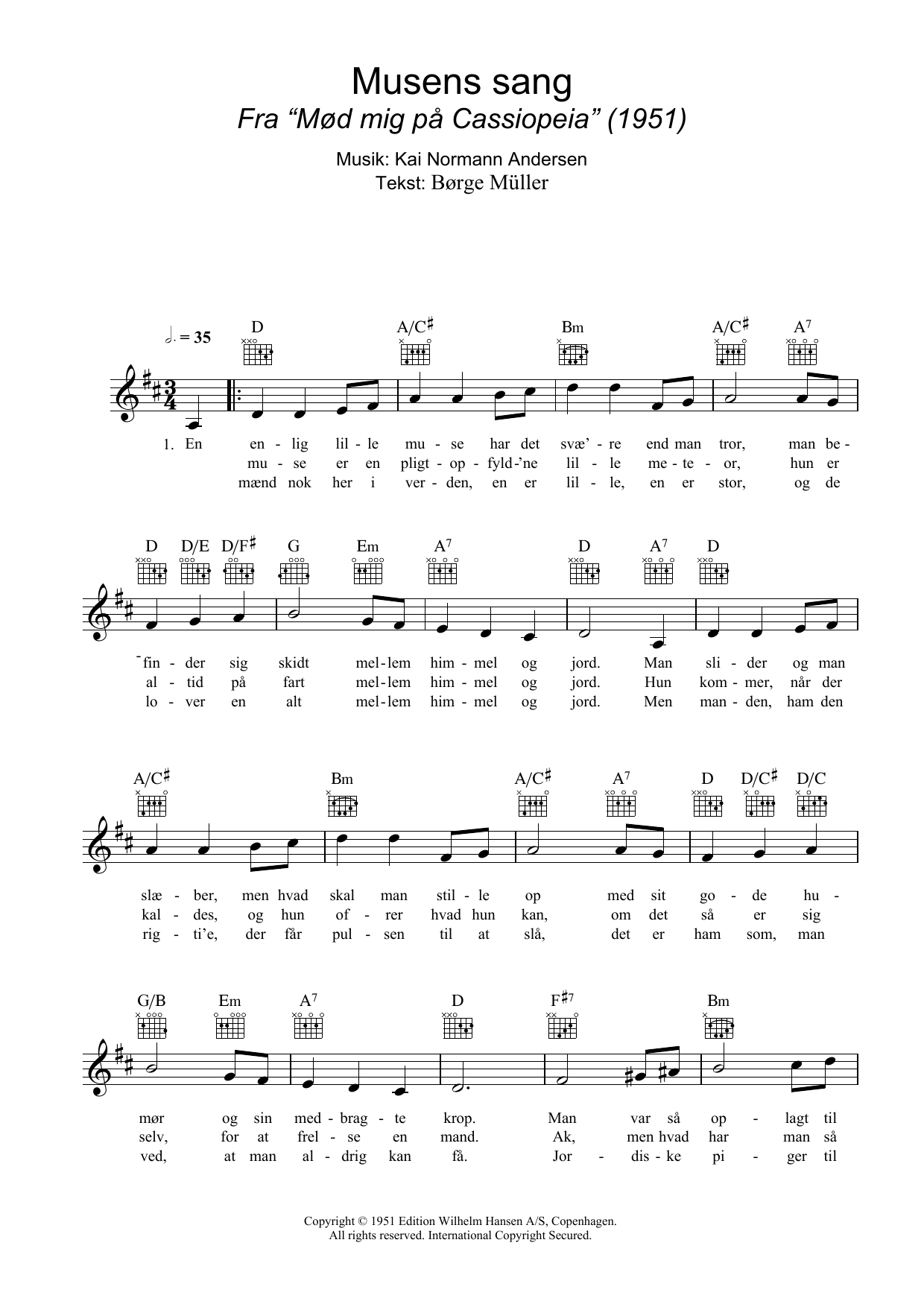 Kai Normann Andersen Musens Sang Sheet Music Notes & Chords for Melody Line, Lyrics & Chords - Download or Print PDF