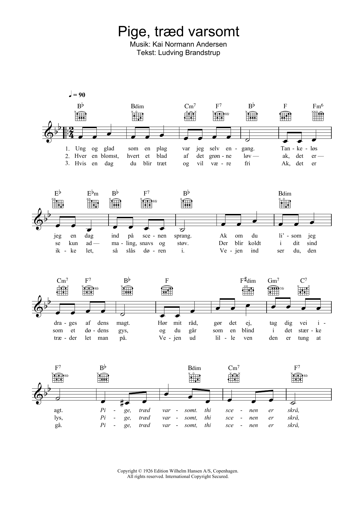 Kai Normann Andersen Pige, Træd Varsomt Sheet Music Notes & Chords for Melody Line, Lyrics & Chords - Download or Print PDF
