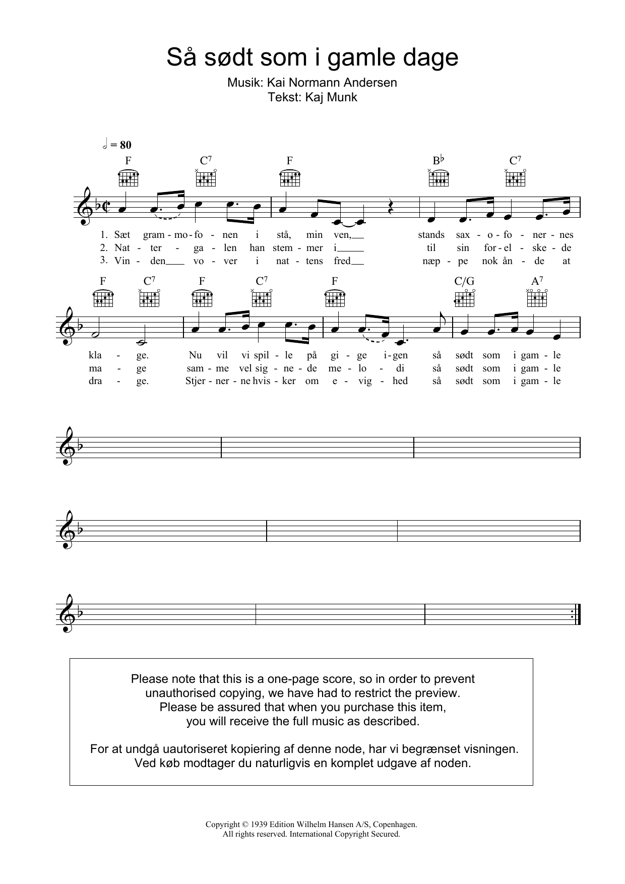 Kai Normann Andersen Så Sødt Som I Gamle Dage Sheet Music Notes & Chords for Melody Line, Lyrics & Chords - Download or Print PDF