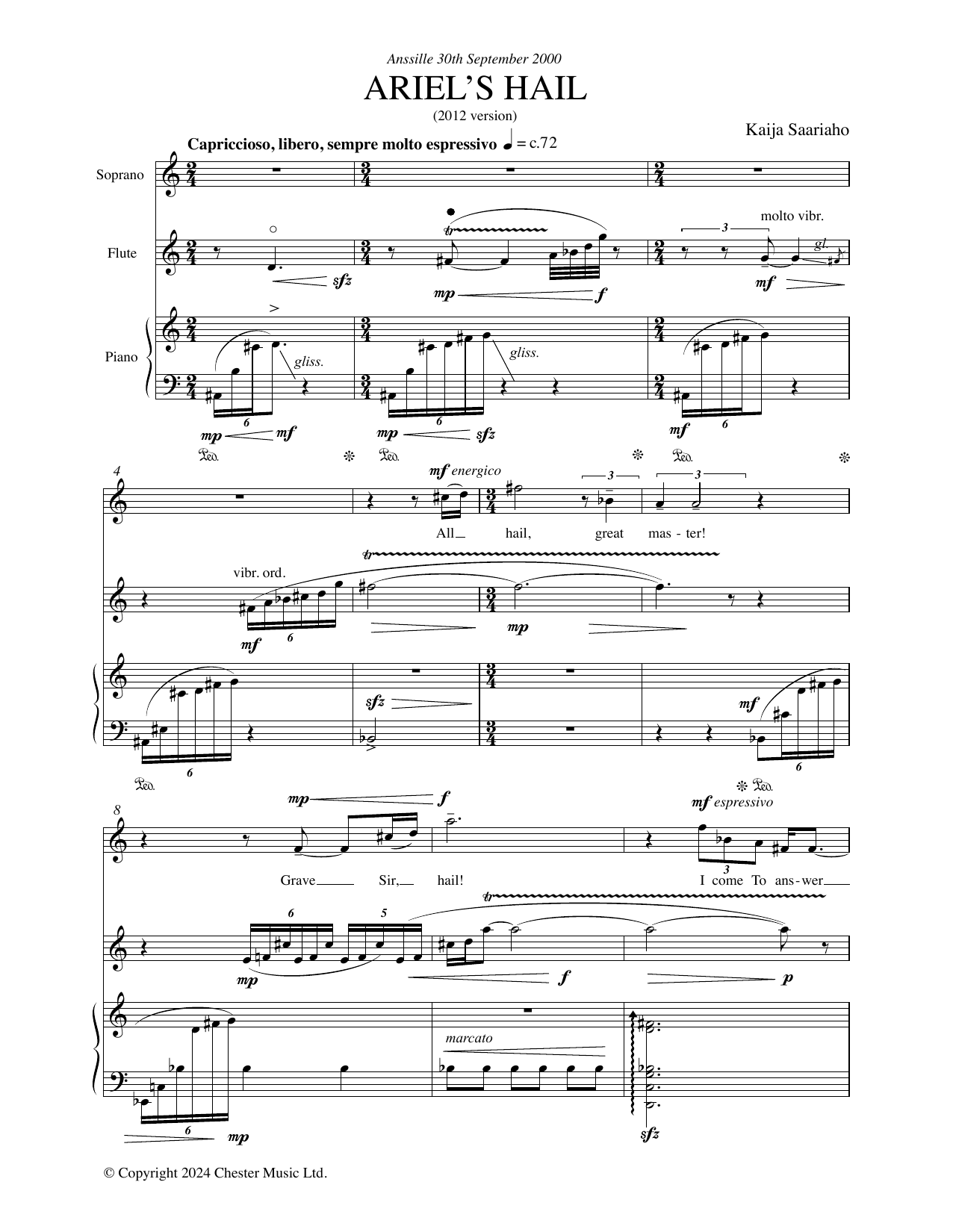 Kaija Saariaho Ariel's Hail (for Soprano, Flute, and Piano) Sheet Music Notes & Chords for Piano & Vocal - Download or Print PDF Kaija Saariaho Ariel's Hail (for Soprano, Flute, and Piano) Sheet Music Notes & Chords for Piano & Vocal - Download or Print PDF