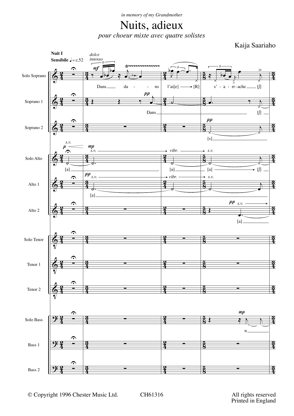 Saariaho Nuits, Adieu Sheet Music Notes & Chords for SATB Choir - Download or Print PDF