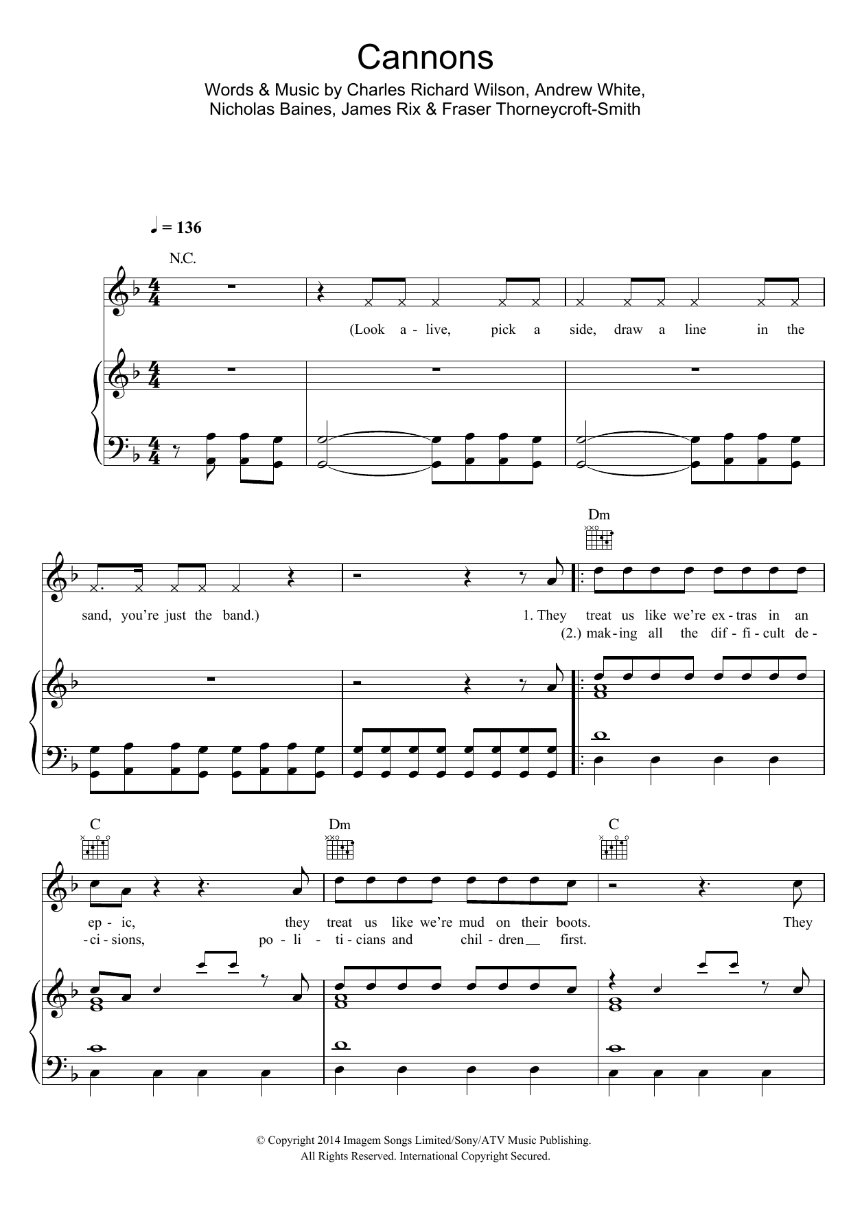 Kaiser Chiefs Cannons Sheet Music Notes & Chords for Piano, Vocal & Guitar (Right-Hand Melody) - Download or Print PDF
