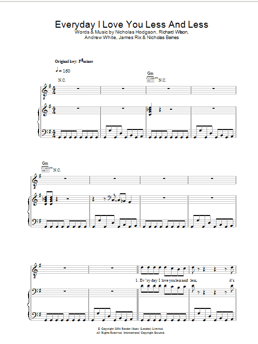Kaiser Chiefs Everyday I Love You Less And Less Sheet Music Notes & Chords for Piano, Vocal & Guitar (Right-Hand Melody) - Download or Print PDF