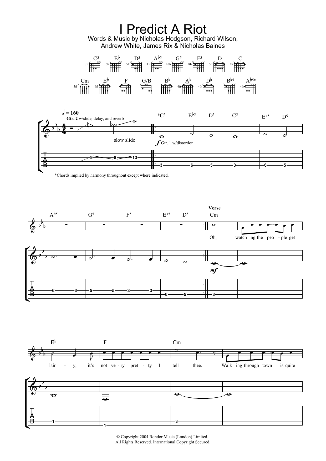 Kaiser Chiefs I Predict A Riot Sheet Music Notes & Chords for Piano, Vocal & Guitar (Right-Hand Melody) - Download or Print PDF