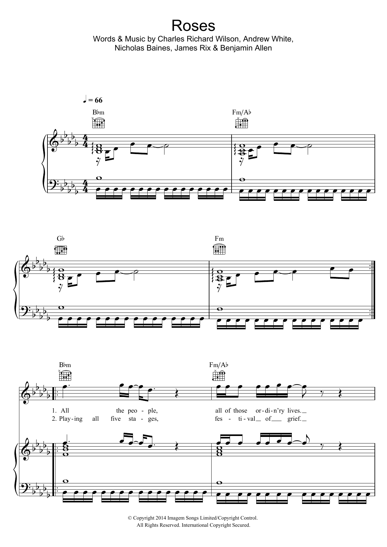 Kaiser Chiefs Roses Sheet Music Notes & Chords for Piano, Vocal & Guitar (Right-Hand Melody) - Download or Print PDF