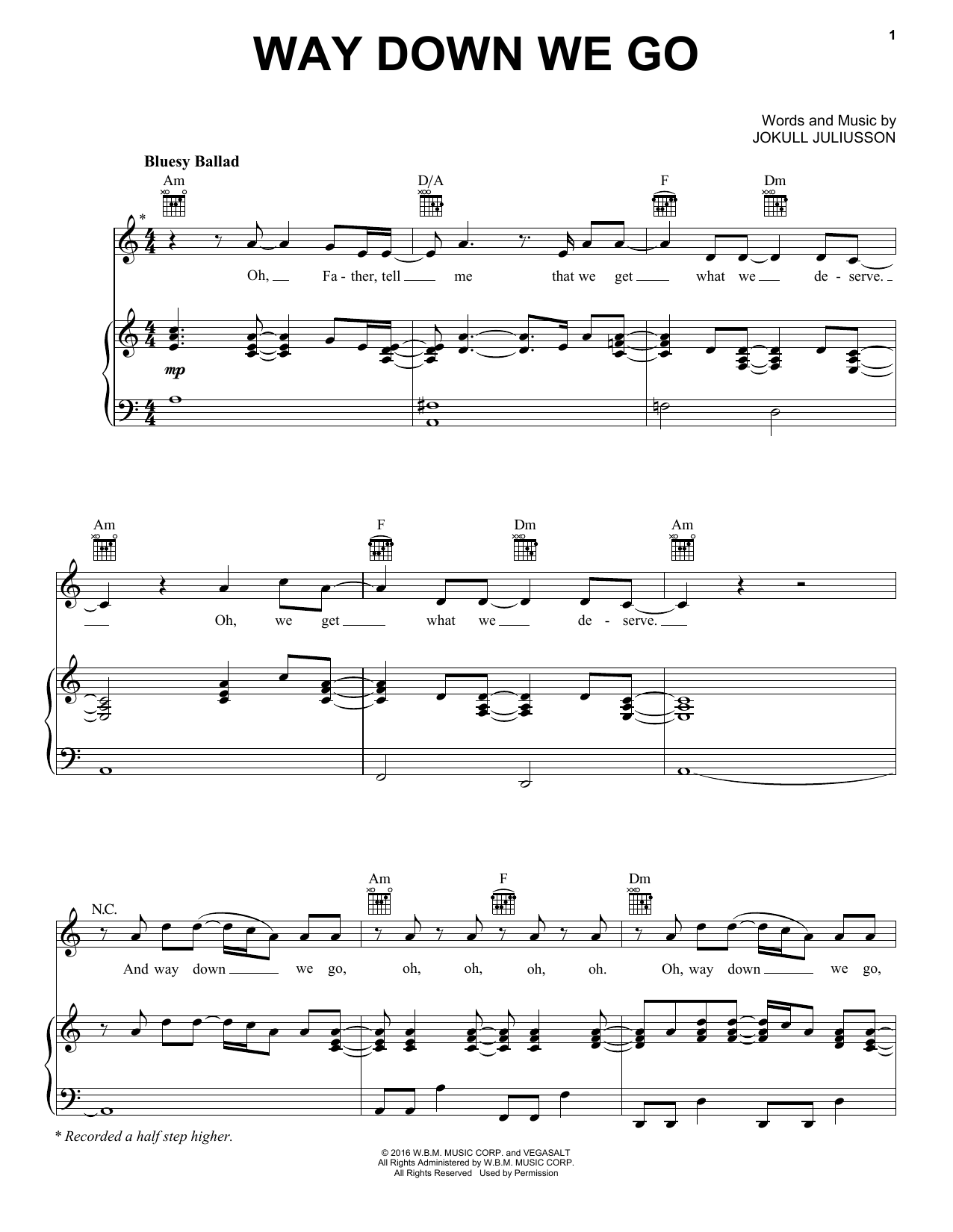 Kaleo Way Down We Go Sheet Music Notes & Chords for Piano, Vocal & Guitar (Right-Hand Melody) - Download or Print PDF