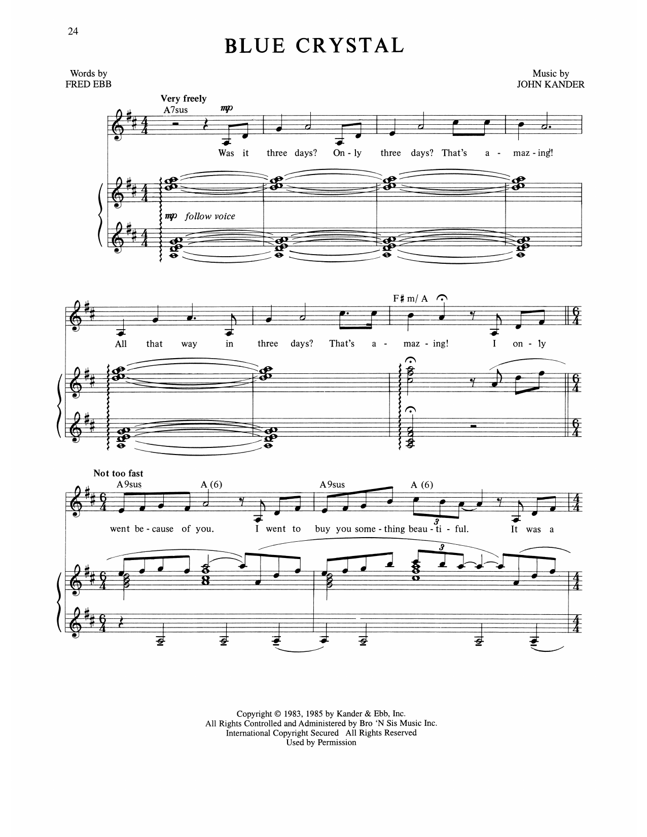 Kander & Ebb Blue Crystal (from The Rink) Sheet Music Notes & Chords for Piano, Vocal & Guitar Chords (Right-Hand Melody) - Download or Print PDF