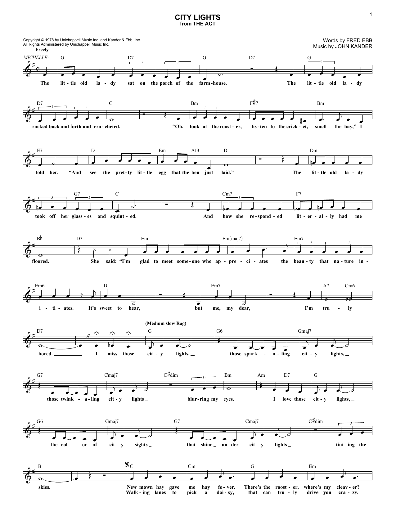 Kander & Ebb City Lights (from The Act) Sheet Music Notes & Chords for Melody Line, Lyrics & Chords - Download or Print PDF