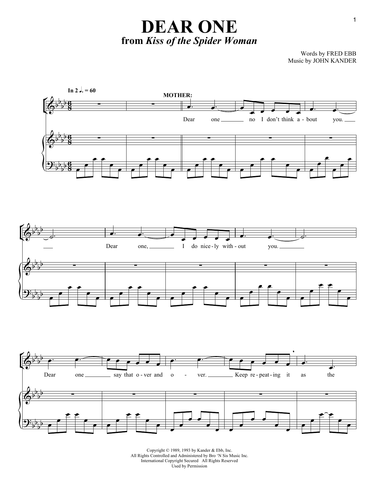 John Kander Dear One Sheet Music Notes & Chords for Piano & Vocal - Download or Print PDF