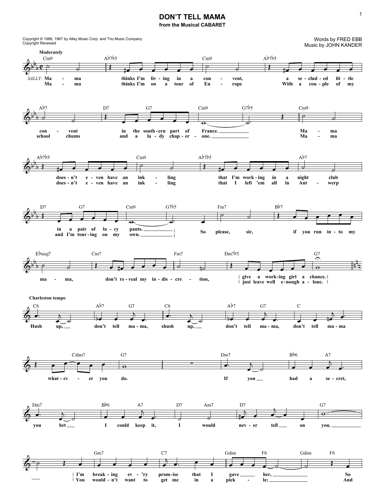 Kander & Ebb Don't Tell Mama Sheet Music Notes & Chords for Melody Line, Lyrics & Chords - Download or Print PDF